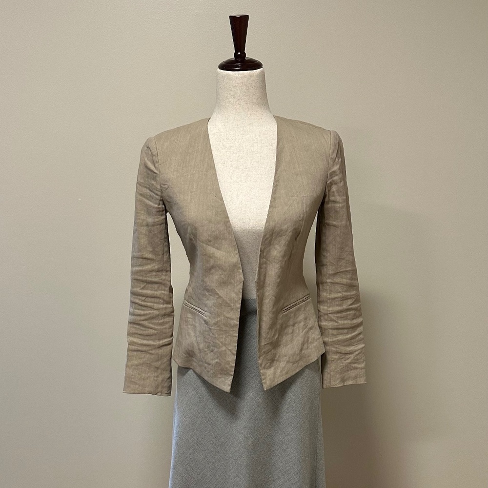 THEORY Tan Collarless Open Front V Neck Light Linen Coat | Size 00